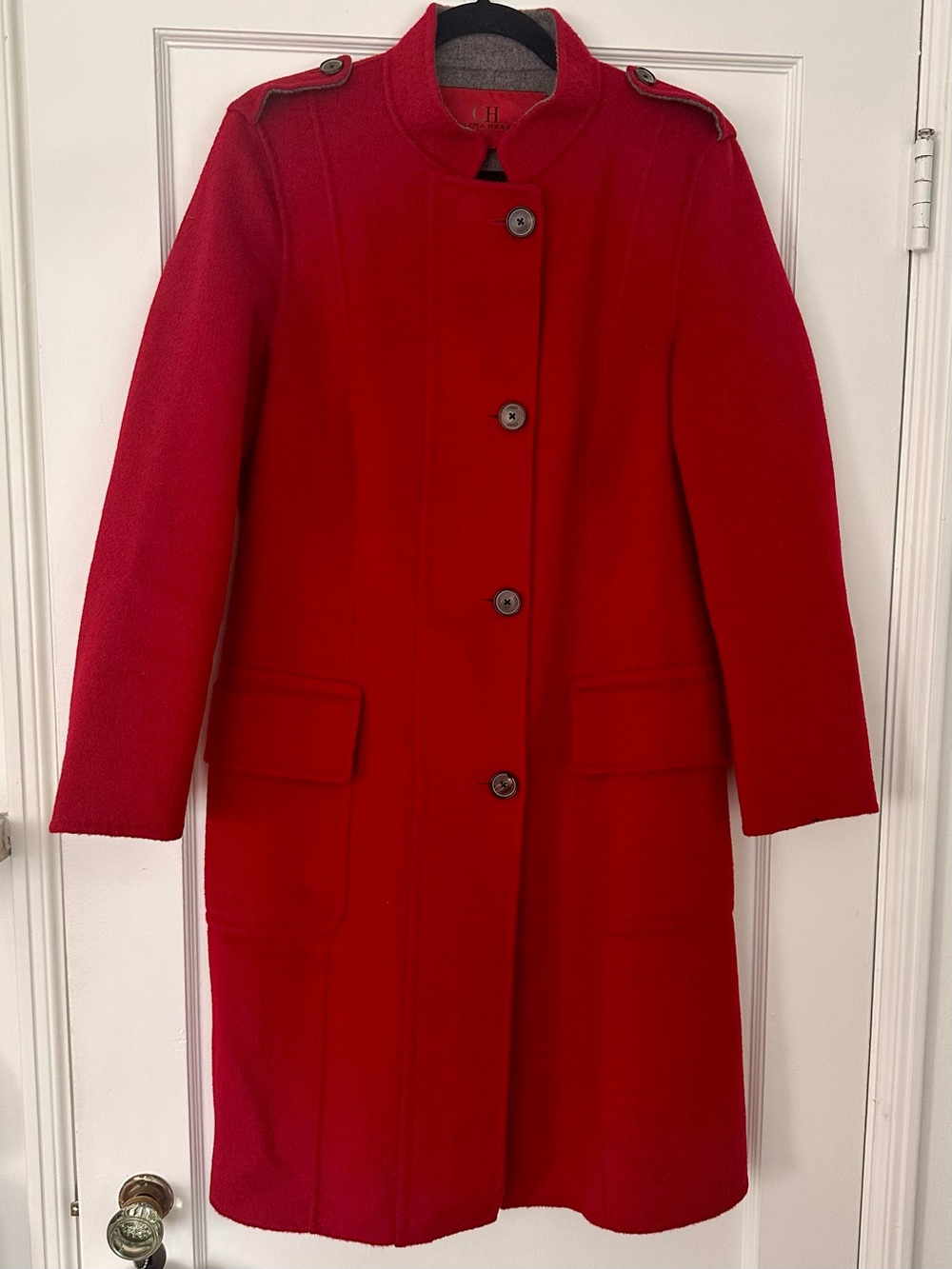 CAROLINA HERRERA Vibrant Red Wool Pea Coat with Epaulets